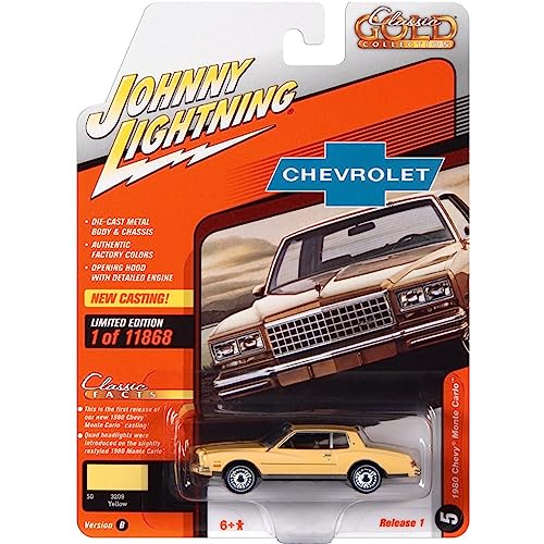 1980 Chevy Monte Carlo Yellow Limited Edition bis zu 11868 Stück weltweit 1/64 gegossenes Modellauto von Johnny Lightning JLSP226B von Johnny Lightning