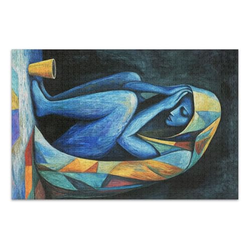 Abstrakte blaue Frau Blaue Puzzle, Puzzles für Erwachsene, mit Buchstaben auf der Rückseite, Erwachsenenpuzzles 1000 Teile von Joitme