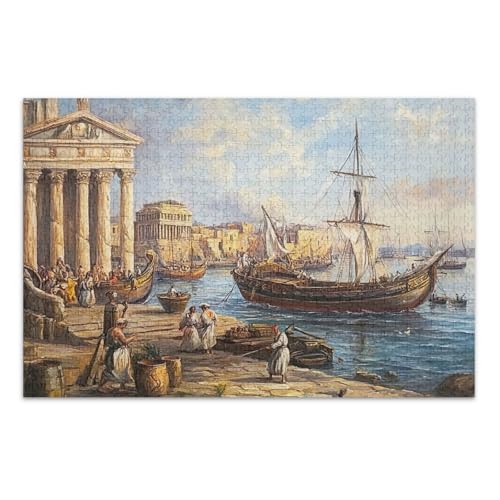 Ancient Port Scene Beige Jigsaw Puzzles 1000 Puzzles für Erwachsene mit Buchstaben auf der Rückseite, 1000 Teile Puzzles für Erwachsene von Joitme