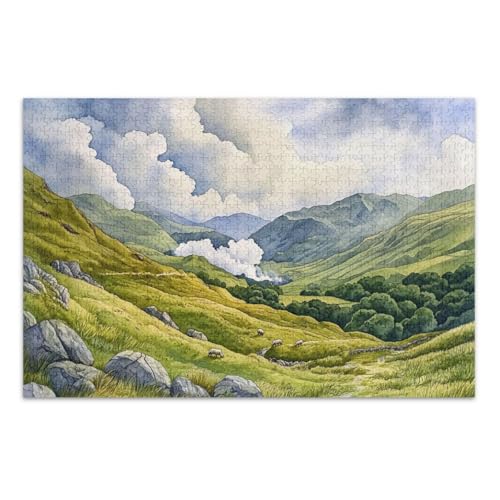 Aquarell Lake Valley Green Puzzle Puzzle für Erwachsene, 1000 Teile, mit Buchstaben auf der Rückseite, Erwachsenen-Puzzles von Joitme