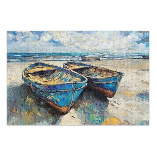Beach Boats Sky Blue Puzzle Jigsaw, Puzzles für Erwachsene 1000 Teile, mit Buchstaben auf der Rückseite, lustige Erwachsenenpuzzles von Joitme