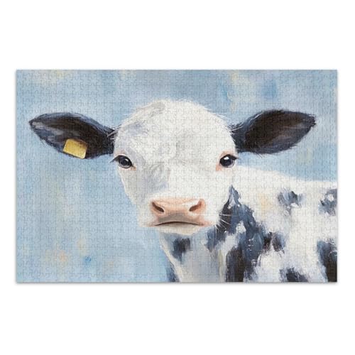 Charming Cow Blue Jigsaws Puzzles Puzzles mit Buchstaben auf der Rückseite für Erwachsene 1000 Teile mit Buchstaben auf der Rückseite Erwachsene Puzzles von Joitme