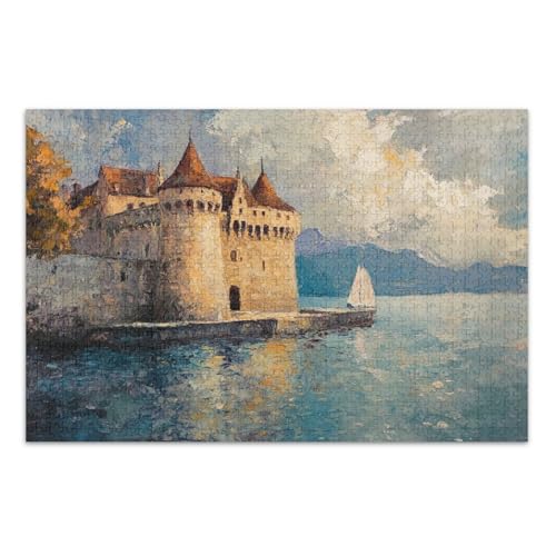 Chateau Lakeside Blue Puzzle Jigsaw, Adult Jigsaw Puzzles 1000 Pieces with Letters on Back Funny Puzzles for Adults von Joitme