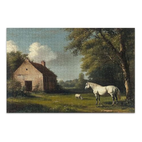 Cottage White Horse Green Jigsaw Puzzle, Puzzles 1000 Teile für Erwachsene, mit Buchstaben auf der Rückseite, lustige Puzzles für Erwachsene Cottage White Horse Green Jigsaw Puzzle, Puzzles 1000 Teile für Erwachsene, mit Buchstaben auf der Rückseite, lustige Puzzles für Erwachsene von Joitme