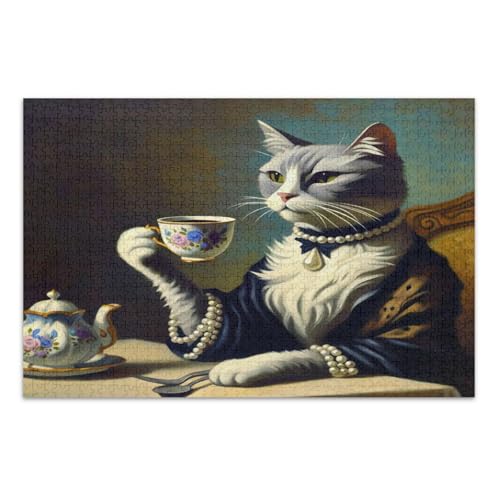 Elegant Cat Tea Brown Puzzle, Puzzle 1000 Teile Erwachsene, mit Buchstaben auf Rückseite, Puzzles Erwachsene von Joitme