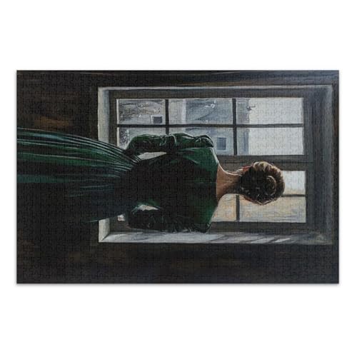 Frau Back Window Green Jigsaw Puzzle, 1000 Teile Puzzles für Erwachsene, mit Buchstaben auf der Rückseite, lustige Puzzles für Erwachsene von Joitme