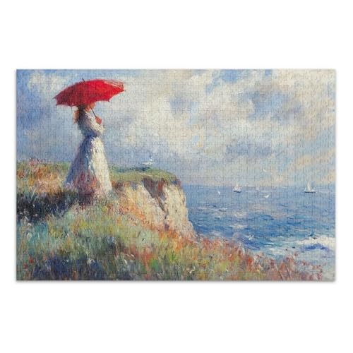 Frau Roter Regenschirm Blau Puzzle, Puzzle 1000 Teile Erwachsene, mit Buchstaben auf Rückseite, Lustige Puzzles für Erwachsene von Joitme
