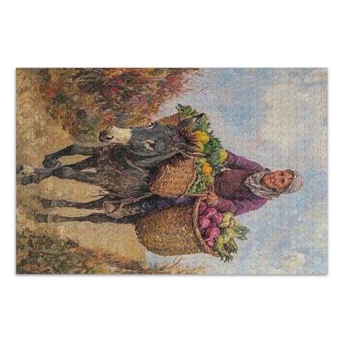 Frau reitet Esel Lila Puzzle Pizzles 1000 Teile Puzzles für Erwachsene mit Buchstaben auf der Rückseite, lustige Puzzles für Erwachsene von Joitme