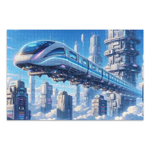 Futuristic Sky Train Blue Jigsaw Pizzles, Puzzles für Erwachsene 1000 Teile, mit Buchstaben auf Rückseite, Puzzles für Erwachsene von Joitme