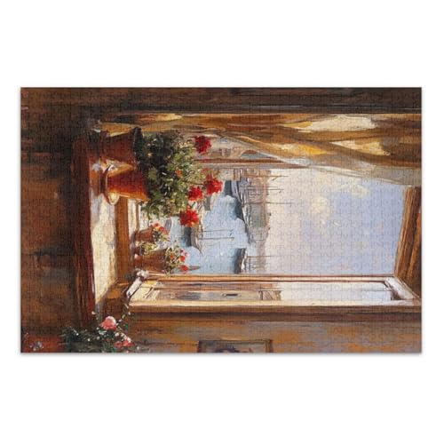 Harbor Window Flower Red Jigsaw Pizzles, Puzzles Erwachsene, mit Buchstaben auf Rückseite, Erwachsene Puzzle 1000 Teile von Joitme