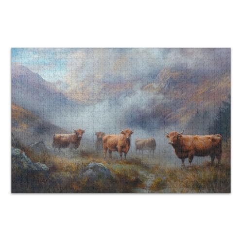 Highland Cattle Mountains Gray Jigsaw Puzzles, Puzzles für Erwachsene, mit Buchstaben auf der Rückseite, Puzzle für Erwachsene, 1000 Teile von Joitme