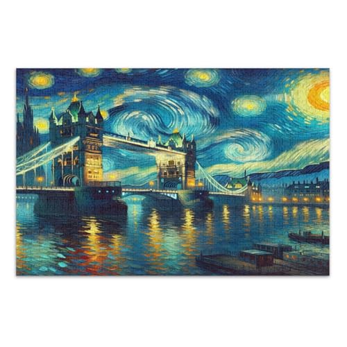 London Bridge Starry Night Blue Jigsaws Puzzles, 1000 Teile Puzzle für Erwachsene, mit Buchstaben auf Rückseite, Puzzles für Erwachsene von Joitme