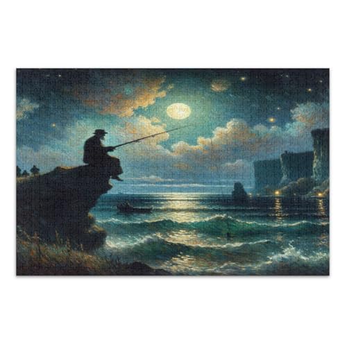 Night Fishing Moon Blue Puzzles, 1000 Teile Puzzles für Erwachsene, mit Buchstaben auf der Rückseite, lustige Puzzles von Joitme