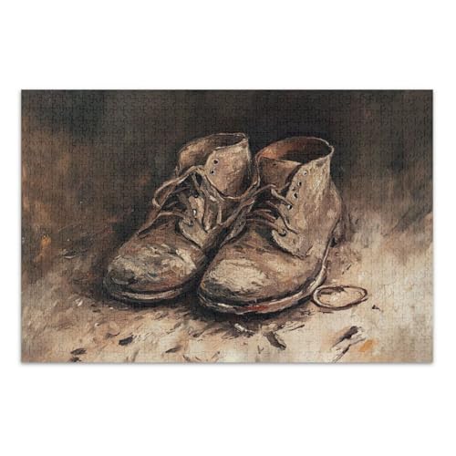 Old Boots Rustikale braune Puzzles 1000 Teile Puzzles für Erwachsene mit Buchstaben auf der Rückseite Erwachsene Puzzles von Joitme