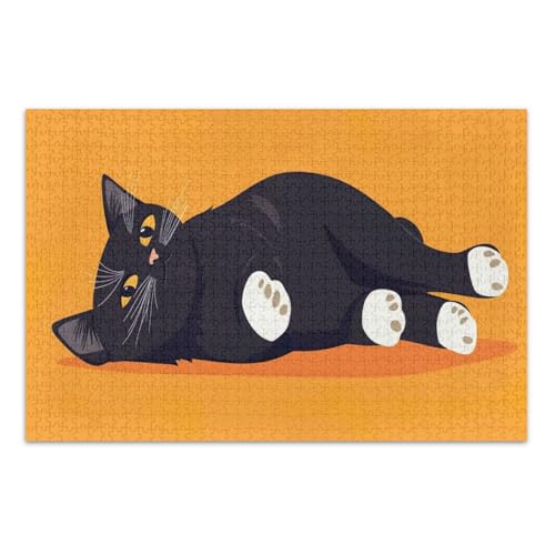 Relaxed Black Cat Orange Jigsaw Pizzles, Erwachsene Puzzle 1000 Teile, mit Buchstaben auf Rückseite, Puzzles für Erwachsene von Joitme