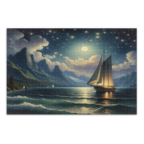 Sailing Night Blue Jigsaw Puzzle, Puzzles mit Buchstaben auf der Rückseite für Erwachsene 1000 Teile mit Buchstaben auf der Rückseite, Puzzle für Erwachsene von Joitme