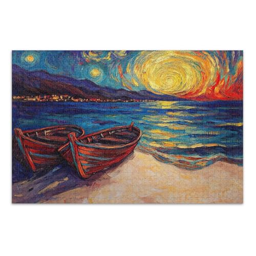 Sunset Boats Orange Puzzles Jigsaw, Erwachsenenpuzzle mit Buchstaben auf der Rückseite, Erwachsenenpuzzles 1000 Teile von Joitme