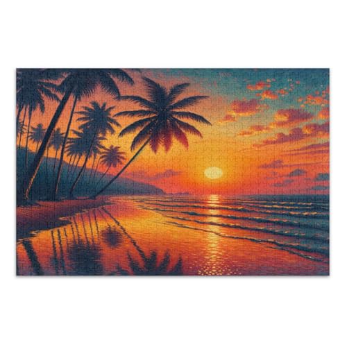 Tropischer Sonnenuntergang Rot, Puzzle für Erwachsene, mit Buchstaben auf der Rückseite, 1000 Teile Puzzle für Erwachsene von Joitme