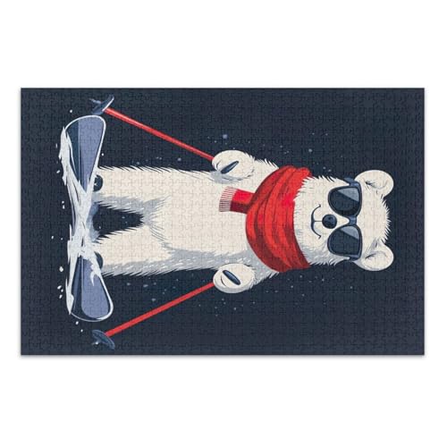Verspieltes Eisbär Skifahren Navy Jigsaw Puzzle Erwachsene Puzzle mit Buchstaben auf der Rückseite Puzzles für Erwachsene 1000 Teile von Joitme