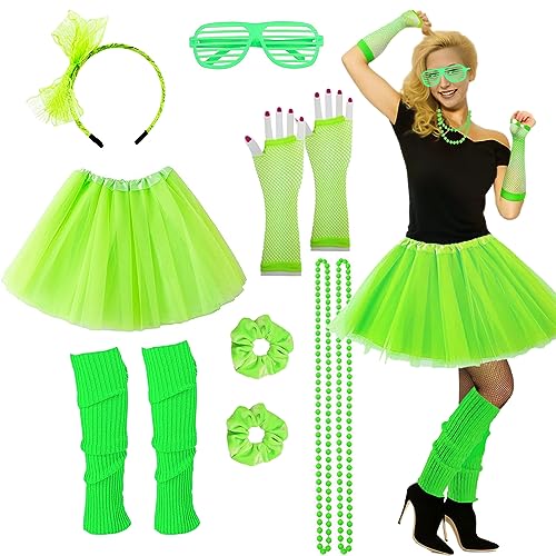 80er-Jahre-Kostüm für Damen, 80er-Jahre-Kostüme, 7-teilig, 70er-, 90er-, 1980er-Jahre-Kostüme mit grünem Tutu, Neon-Beinstulpen, 80er-Jahre-Neon-Haargummis, Handschuhe, Halskette, Shutter-Glas für 80er-Jahre-Kostüm für Damen, 80er-Jahre-Kostüme, 7-teilig, 70er-, 90er-, 1980er-Jahre-Kostüme mit grünem Tutu, Neon-Beinstulpen, 80er-Jahre-Neon-Haargummis, Handschuhe, Halskette, Shutter-Glas für von Joizomou