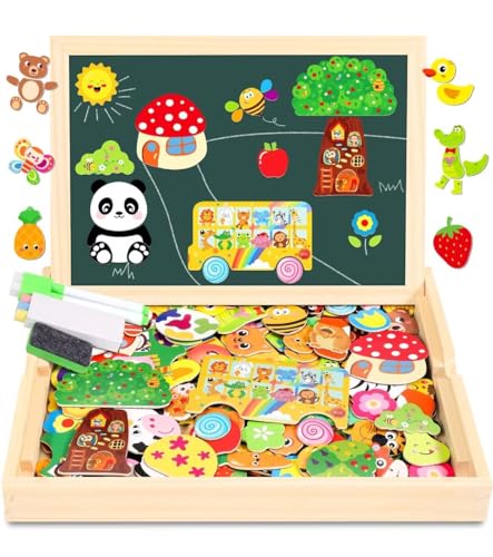 Jojoin 130 Stücke Magnetisches Holzpuzzle - 2024 Neu Montessori Holzpuzzle mit Doppelseitig Magnetisch | Wald | Bauernhof | Obst | Bus - Kreativ Spielzeug für Kinder von Jojoin