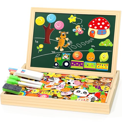 Jojoin 130 Stücke Magnetisches Holzpuzzle - 2024 Neu Montessori Holzpuzzle mit Doppelseitig Magnetisch | Wald | Bauernhof | Obst | Bus - Kreativ Spielzeug für Kinder von Jojoin