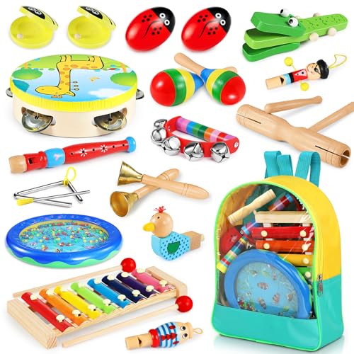 Jojoin Musikinstrumente Kinder Set - 24 Stück Instruments Percussion Holzspielzeug - Baby Kinder Montessori Spielzeug - Xylophon Trommel Rasseleier Triangel Kinderspielzeug Geschenke für Kleinkinder von Jojoin