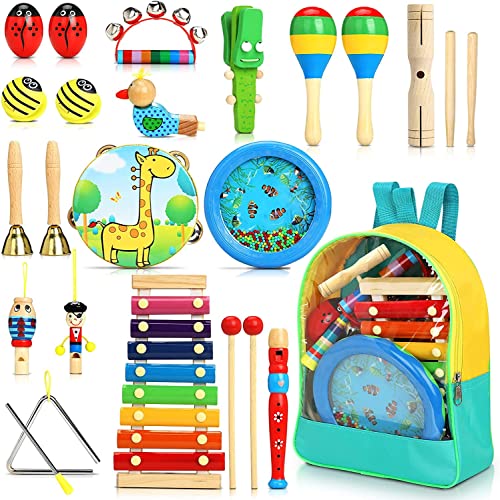 Jojoin Musikinstrumente Kinder Set - 24 Stück Instruments Percussion Holzspielzeug - Baby Kinder Montessori Spielzeug - Xylophon Trommel Rasseleier Triangel Kinderspielzeug Geschenke für Kleinkinder von Jojoin