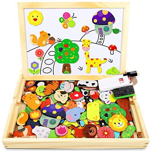 Jojoin Holzpuzzle mit Doppelseitiger Tafel, Puzzles, 110 Stück Tiermuster Pädagogisches Magnetische Holzspielzeug, Kreativ Lernspielzeug für Kinder von Jojoin