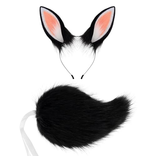 Hasenohren und Schwanz Set - Plüsch Kaninchen Kostüm Zubehör für Halloween und Bühnenauftritt - Schwarz von Jojomis
