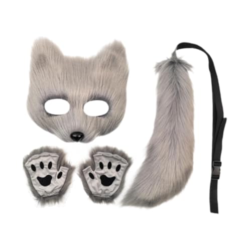 Tiermaske und Schwanz Set mit Handschuhen für Festival Feier, Hellgrau - Plüsch PVC Kostüm für Halloween Cosplay Party Tiermaske und Schwanz Set mit Handschuhen für Festival Feier, Hellgrau - Plüsch PVC Kostüm für Halloween Cosplay Party von Jojomis