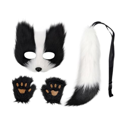 Tiermaske und Schwanz Set mit Handschuhen für Halloween Karneval Party Cosplay Medium Weiß Plüsch PVC Kostüm, Mehrfarbig, Einheitsgröße Tiermaske und Schwanz Set mit Handschuhen für Halloween Karneval Party Cosplay Medium Weiß Plüsch PVC Kostüm, Mehrfarbig, Einheitsgröße von Jojomis