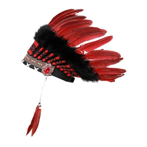 jojomis Indischer Kopfschmuck, Dekoration, Festival, Erwachsene, Kinder, Show, Kopfschmuck, Indianer-Kostüm, Zubehör, 53–63 cm, Kopfumfang, Rot von Jojomis