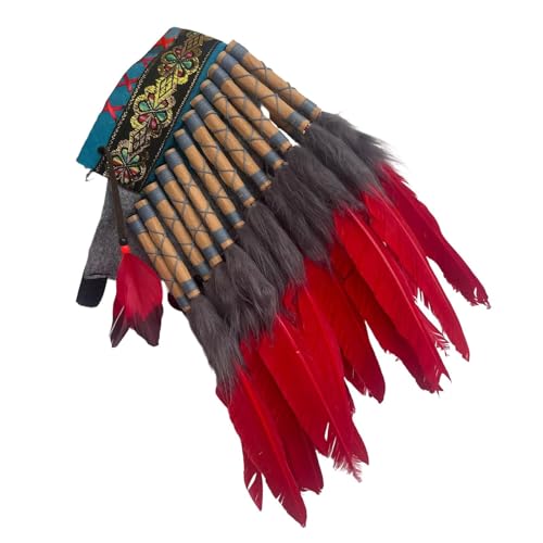 jojomis Indischer Kopfschmuck mit künstlichen Federn, Kopfschmuck für Rollenspiel-Kostüm, verstellbarer Kopfschmuck für Erwachsene und Kinder, 48 x 50 cm, Rot von Jojomis