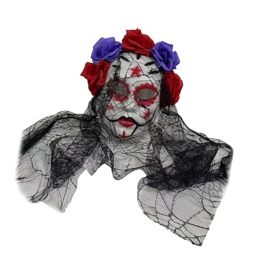 jojomis Tag der Toten Maske mit schwarzer Spitze und Rosen für Karneval, Dia de los Muertos Kostümzubehör, bunt von Jojomis