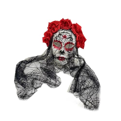 jojomis Tag der Toten Maske mit schwarzer Spitze und Rosen für Karneval Dia de los Muertos Kostüm Zubehör - Rot von Jojomis