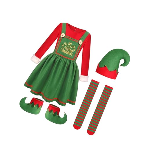 jojomis Weihnachtskostüm, Elfen-Outfit mit Hut, Socken, Schuhüberzieher für Bühnenauftritte, Karneval, Rollenspiele, für Mädchen, 130 von Jojomis