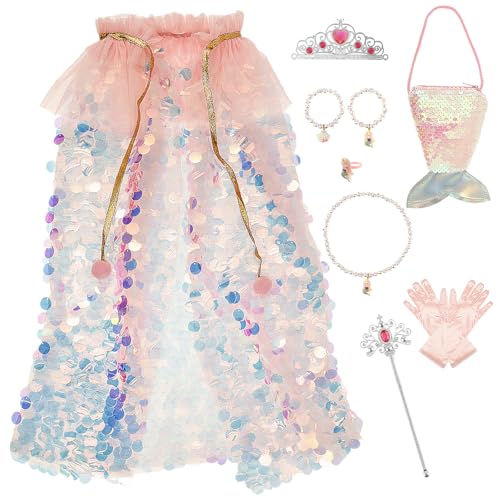 Jokapy Prinzessin Kostüme Kit Exquisite Prinzessin Dress -up mit langen Cape -Verstellkleidung Meerjungfrau Cape Kit für Ihre Töchter verwenden(rosa) von Jokapy