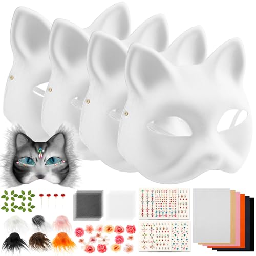 Katzenmasken zum Bemalen, Therian Mask Weiße Halbmasken Fuchs Maske mit Kunstpelz Augennetz Filztuch Edelstein-Aufklebern, Uberstreichbare Leere Maske Papiermasken für Halloween Karneval Party(A) von Jokapy