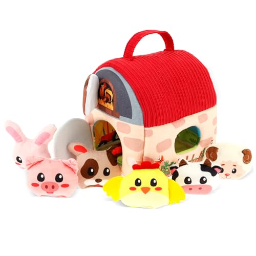 Plüschfarm-Tierplayset für 0-12 Monate weiche Scheune mit gefüllten Farmtier tragbarem Weichstastensetspielzeug mit gebauten Spiegel für Kleinkinder(Rot) von Jokapy