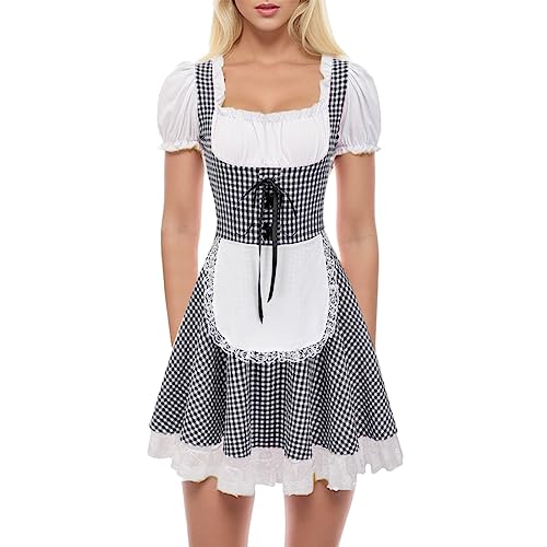 JokeLomple Traditionelles Dirndl Damen mit Spitzenschürze Maid Uniform Anzug Traditionelles Bayerisches Dirndl Kostüm-Set Perfekt Spitze V Ausschnitt Fasching Karneval Oktoberfest Outfit von JokeLomple