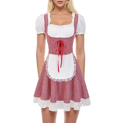 JokeLomple Traditionelles Dirndl Damen mit Spitzenschürze Maid Uniform Anzug Traditionelles Bayerisches Dirndl Kostüm-Set Perfekt Spitze V Ausschnitt Fasching Karneval Oktoberfest Outfit von JokeLomple