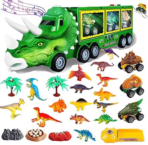 Jokooan Dinosaurier Spielzeug Autotransporter, Dinosaurier LKW Spielzeug mit Lichtern und Musik, Dinosaurier Spielzeug Set für Kinder, enthält 3 kleine Dinosaurier Autos 15 Dinosaurier von Jokooan