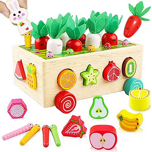 Jokooan Montessori Spielzeug ab 2 3 Jahr, Karotten Ernte Obstgarten Auto Holzspielzeug für Kinder, die Formen Lernen und Passendes Sortierspiel STEM Vorschul Lernspielzeug für Kleinkinder von Jokooan