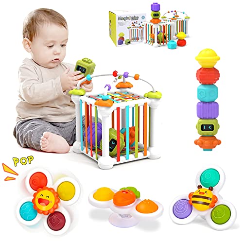 Jokooan Montessori Spielzeug für Babys(12 Stück), Motorikwürfel Lernspiele Spielzeug für Kleinkinder ab 1-3 Baby Spielzeug Formensortierspiel, mit 3 Saugnapf Kreiseln und 6 Multisensorische Form von Jokooan