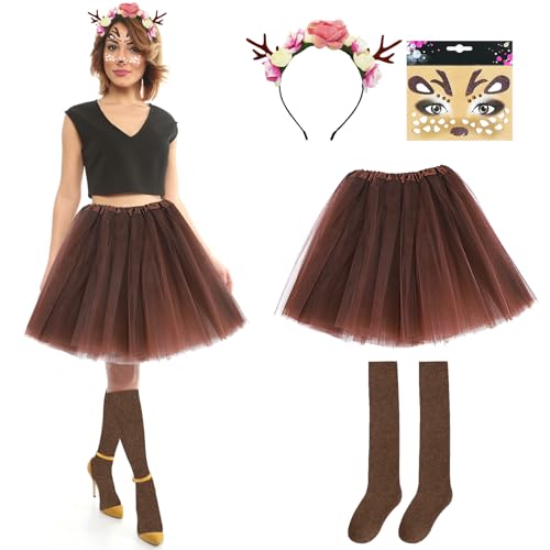 Jokureao Damen Rentier Kostüm Set, Karneval Damenkostüm mit Tüllrock, Geweih Haarreif, Gesichtsaufkleber, Reh Kostüm für Party, Cosplay Jokureao Damen Rentier Kostüm Set, Karneval Damenkostüm mit Tüllrock, Geweih Haarreif, Gesichtsaufkleber, Reh Kostüm für Party, Cosplay von Jokureao