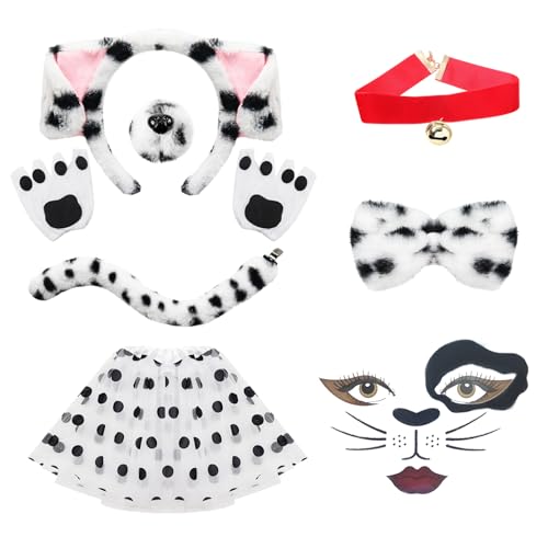 Dalmatiner-Kostüm-Set, Dalmatiner-Hundeohren, Stirnband, Fliege, Tüllrock, Glockenanhänger, Schwanz, niedliches Dalmatiner-Kostüm für Halloween, Weltbuch, Karneval, Hundeparty, Cosplay Dalmatiner-Kostüm-Set, Dalmatiner-Hundeohren, Stirnband, Fliege, Tüllrock, Glockenanhänger, Schwanz, niedliches Dalmatiner-Kostüm für Halloween, Weltbuch, Karneval, Hundeparty, Cosplay von Jokureao
