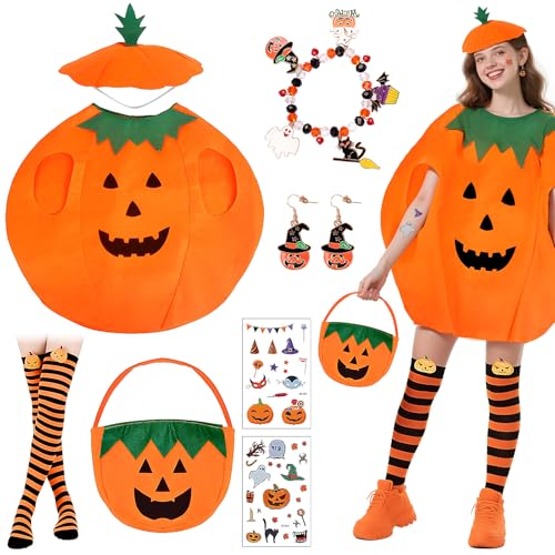 Halloween-Kürbis-Outfit für Erwachsene, 8-teiliges lustiges Kürbis-Kostüm-Set mit Kürbishut, Süßigkeitentasche, gestreiften Socken, Ohrringen, niedliches Halloween-Cosplay-Kürbis-Kostüm für Halloween-Kürbis-Outfit für Erwachsene, 8-teiliges lustiges Kürbis-Kostüm-Set mit Kürbishut, Süßigkeitentasche, gestreiften Socken, Ohrringen, niedliches Halloween-Cosplay-Kürbis-Kostüm für von Jokureao