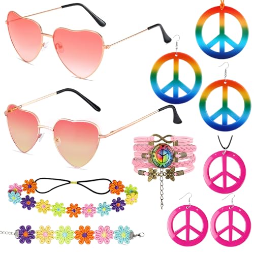 Hippie-Kostüm-Set, 10-teilig, 70er-Jahre-Kostüm, Damen-Zubehör, einschließlich Sonnenbrille, Blumen-Haarband, Friedenszeichen-Halskette, für Kostümzubehör, Hippie-Partyzubehör Hippie-Kostüm-Set, 10-teilig, 70er-Jahre-Kostüm, Damen-Zubehör, einschließlich Sonnenbrille, Blumen-Haarband, Friedenszeichen-Halskette, für Kostümzubehör, Hippie-Partyzubehör von Jokureao
