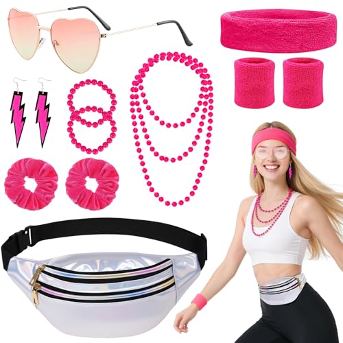 Jokureao 11 Stück 80er Jahre Outfit Damen Set, Neon Party Outfit Damen mit Herz Brille, Blitz Ohrringe, Stirnband, Bauchtasche & Halskette, Retro Kostüm Accessoires für Karneval 90er Jahre Party von Jokureao